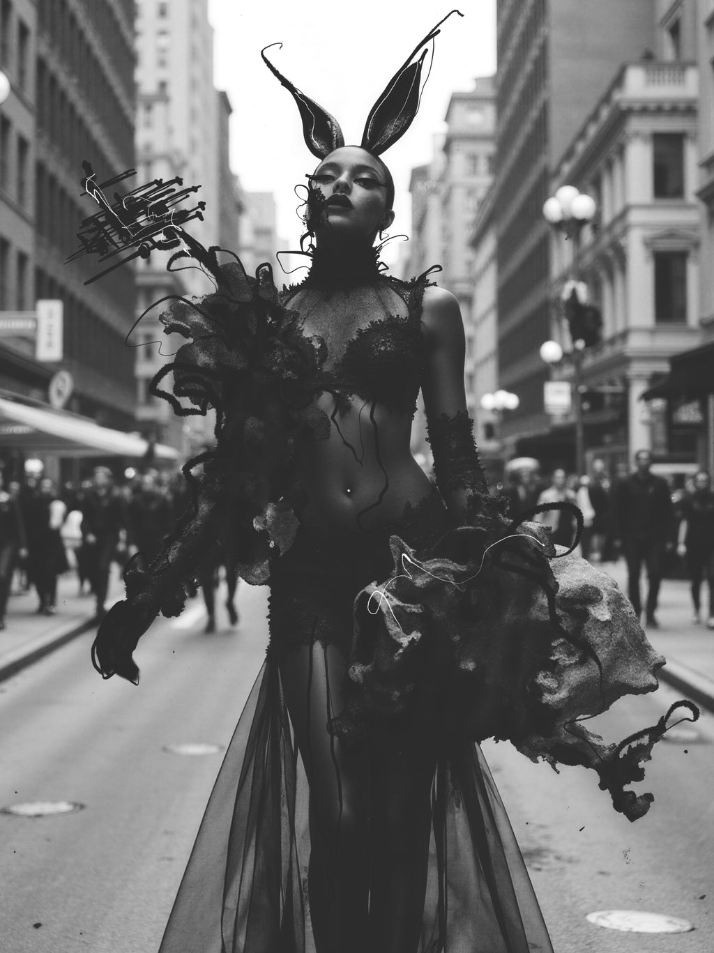 The Drone Muse by Miss AL Simpson — couture AI-cinema portrait from the Drone Driver series, monochrome edition print